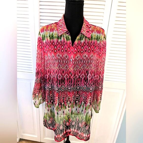 Glance Top Womens sz XL Multi Geometric Pattern Sheer Tunic TabSleeve Pink Green - Picture 1 of 9